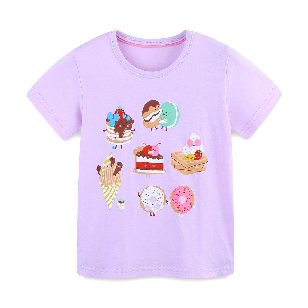 Lavender kids short-sleeve T-shirt with fruit-cartoon dessert collage graphic