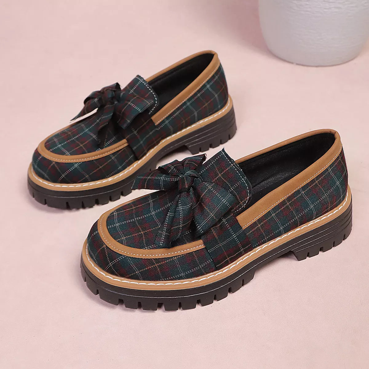 Sky blue plaid bow decor chunky loafers, close pair view with black lug sole