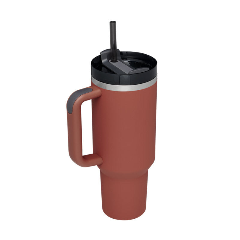 40 oz insulated tumbler with handle, straw & lid in rust brown