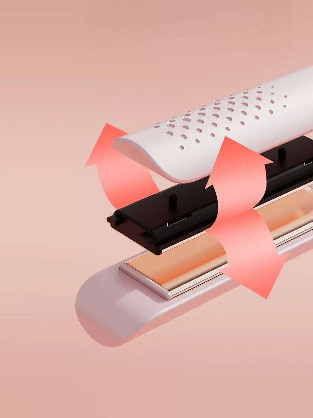 Black adjustable temperature hair straightener with heated plates and airflow arrows