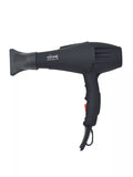 Black multi-speed hair dryer, side view, with vent slots and coiled power cord