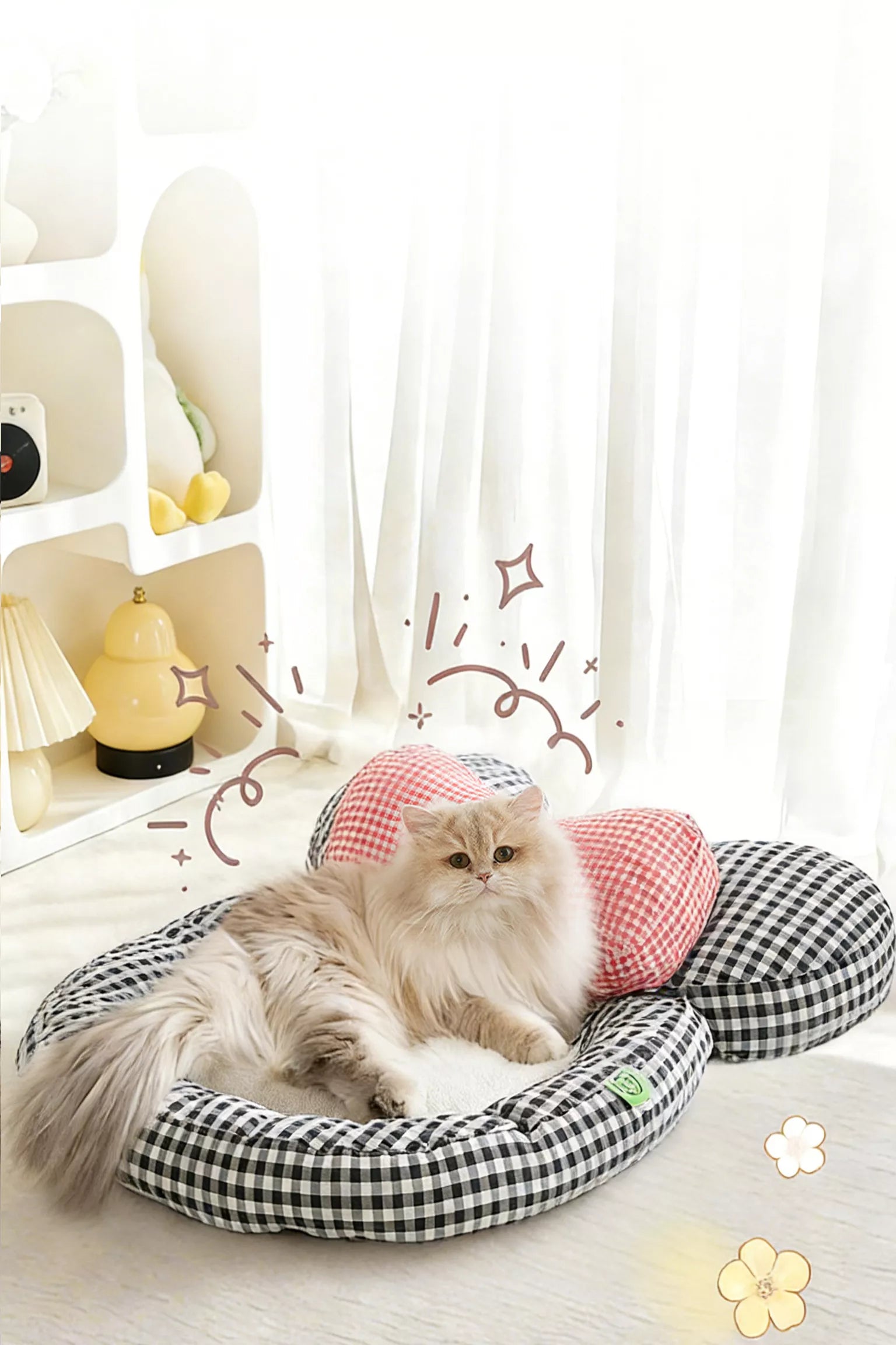 Plaid pet mat with red check bow bolster, cat lounging inside oval bed