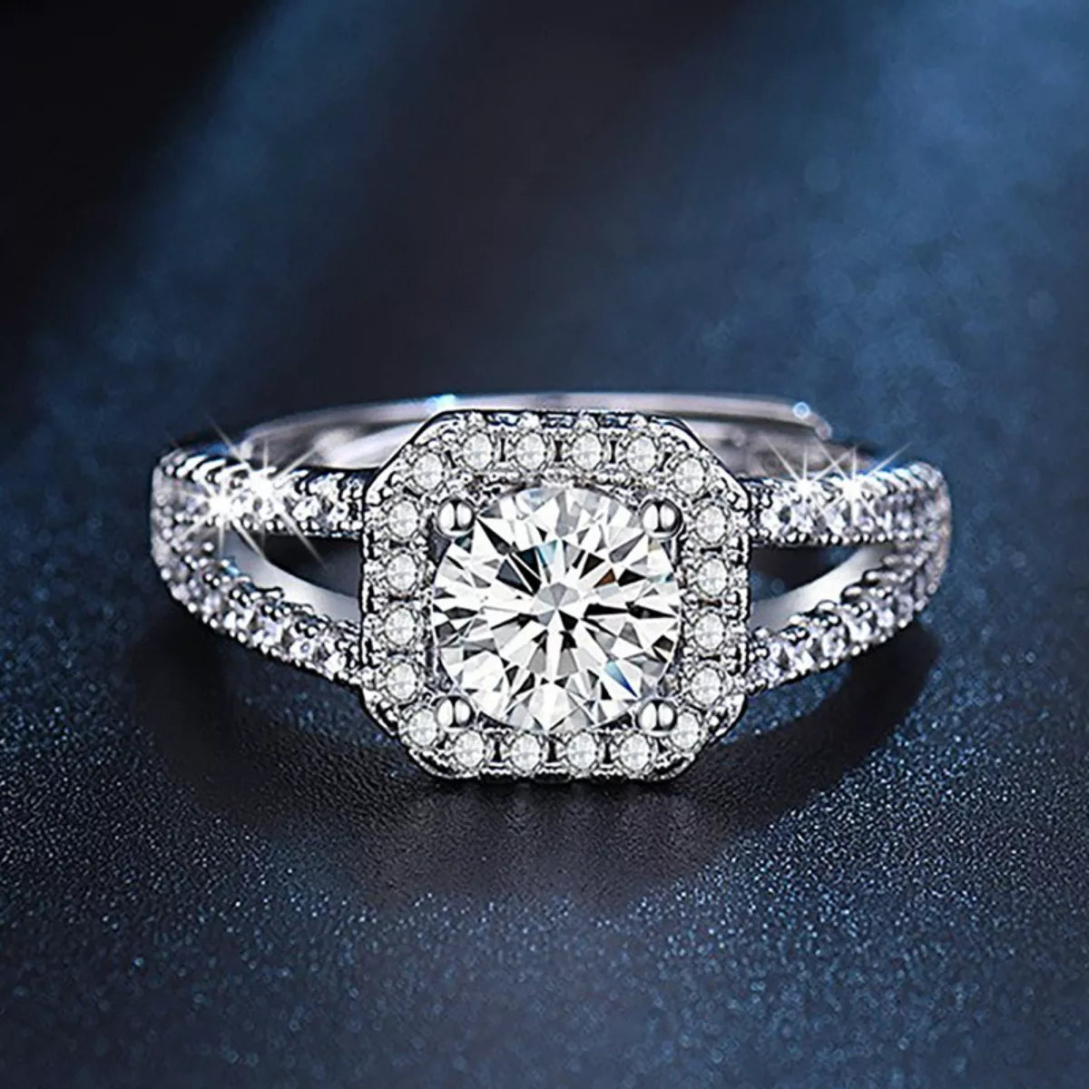 925 sterling silver moissanite halo ring, square-shaped prongs around round center stone
