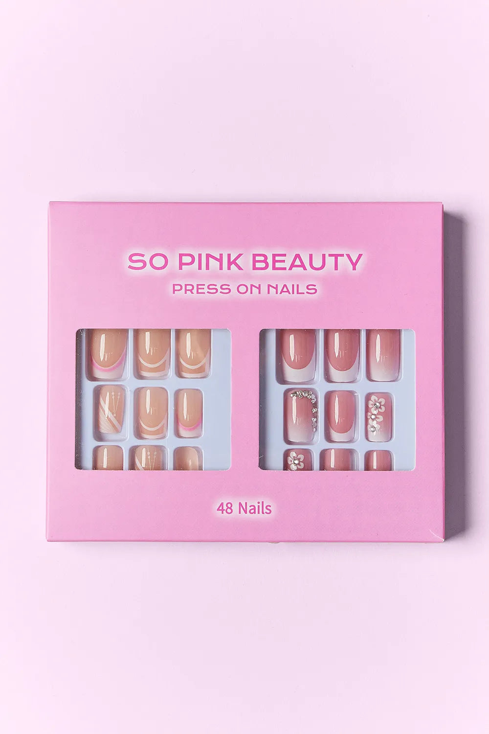 SO PINK BEAUTY press-on nails box, 48 nails, neutral and floral design tips