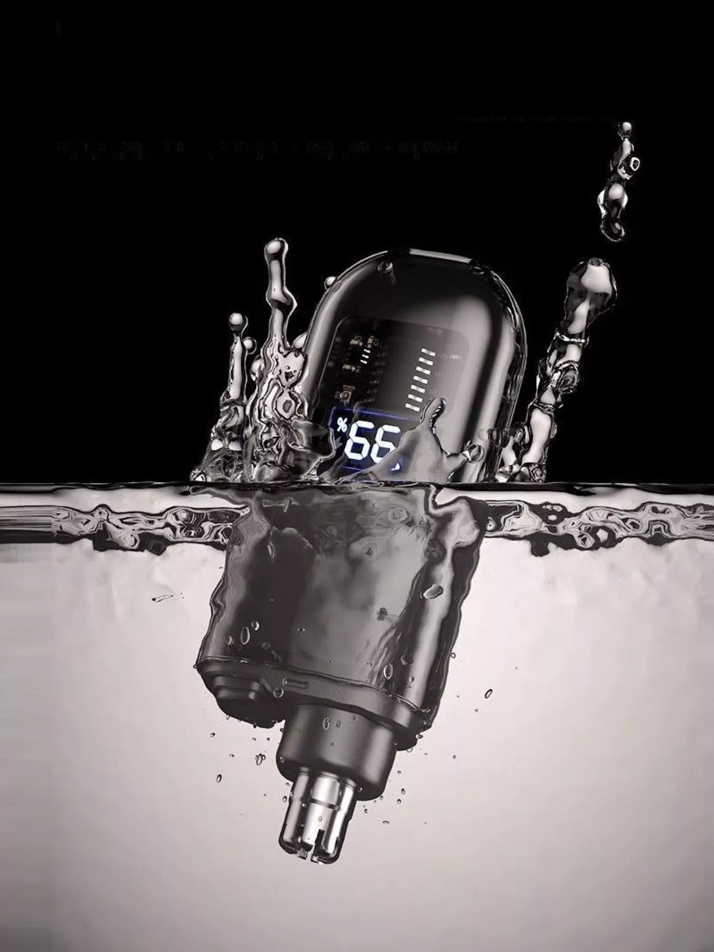 Rechargeable LED nose hair trimmer in water, shown with LED display