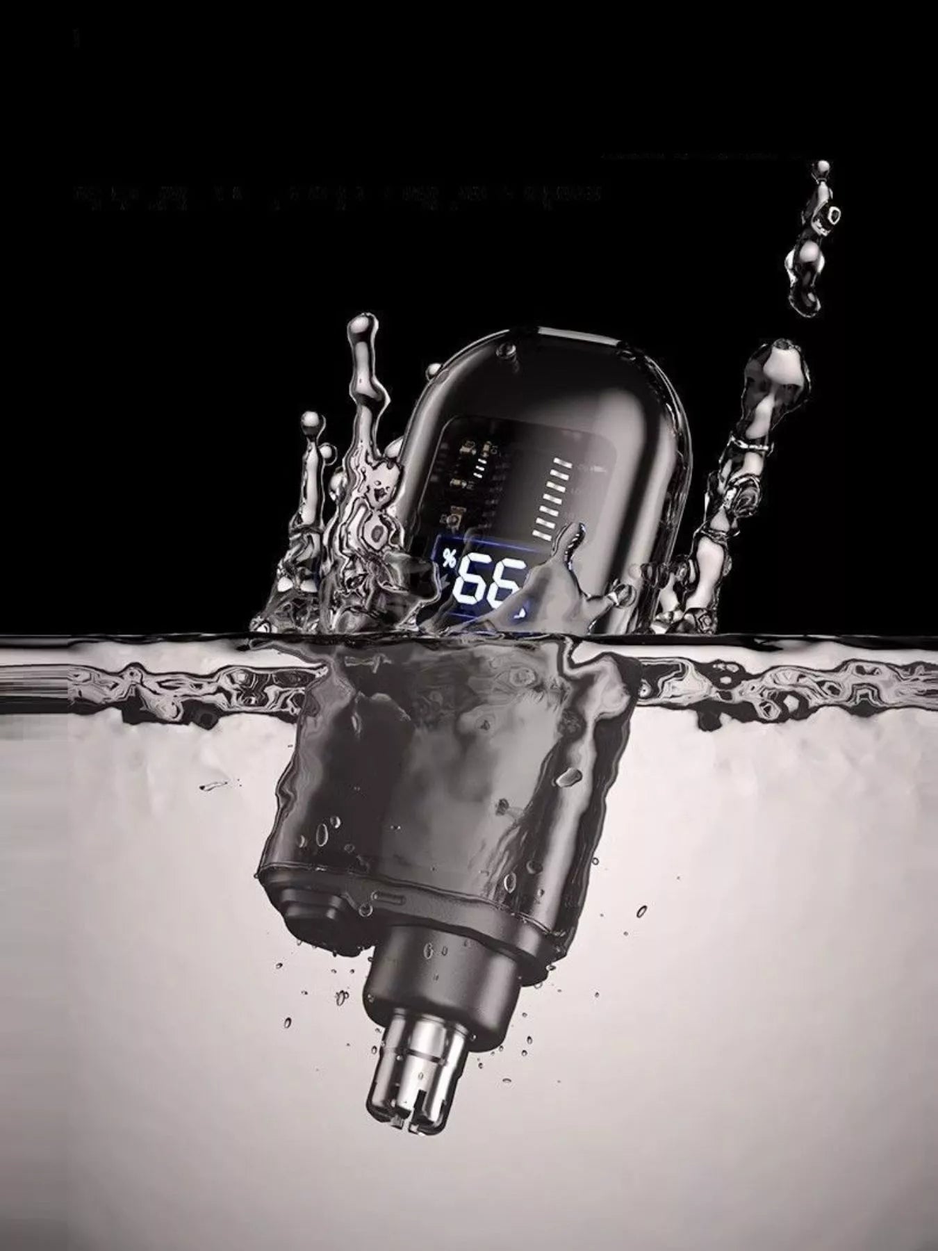 Rechargeable LED nose hair trimmer in water, shown with LED display