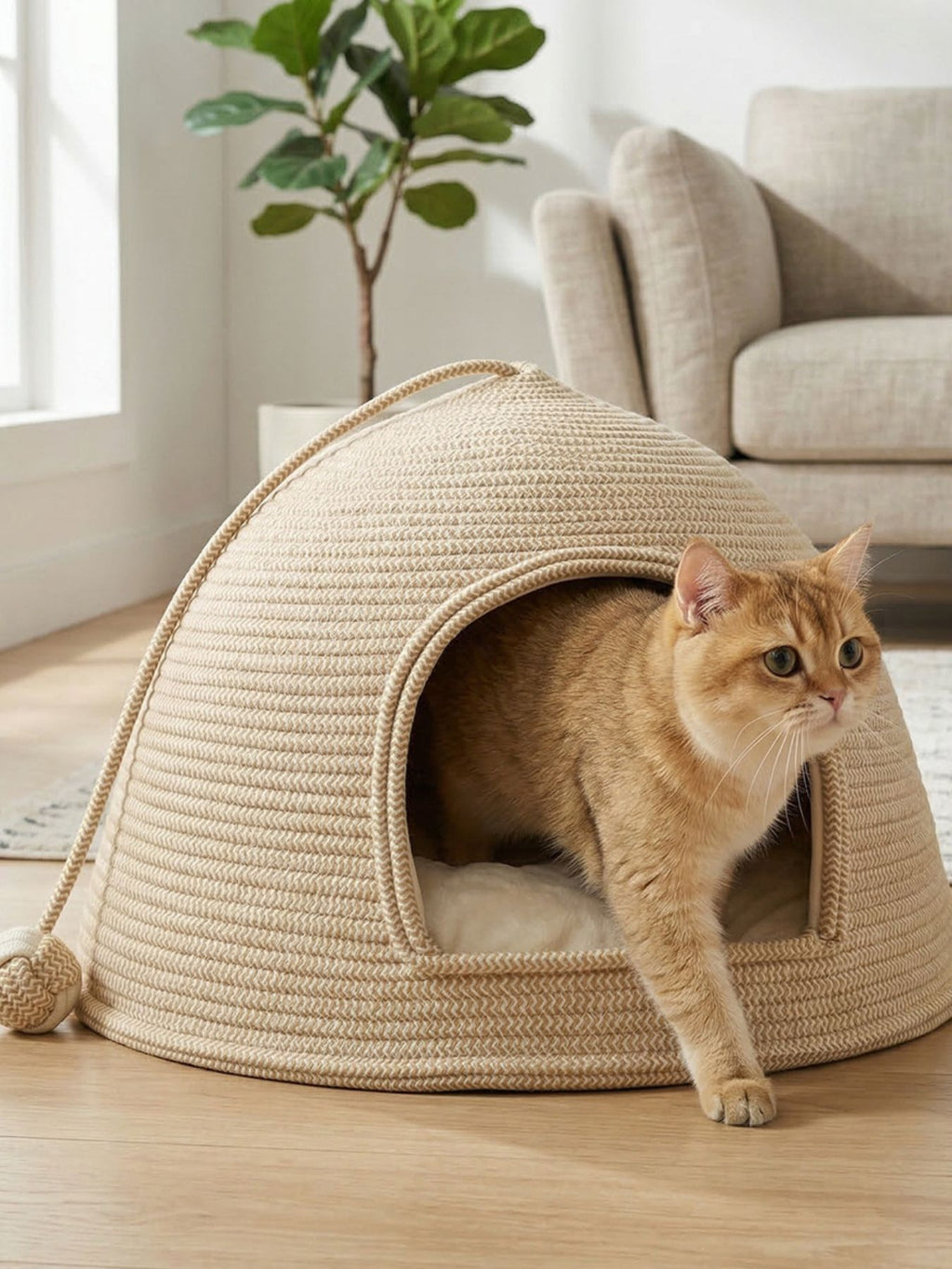 Cream rope dome pet nest with cat looking out of the front opening