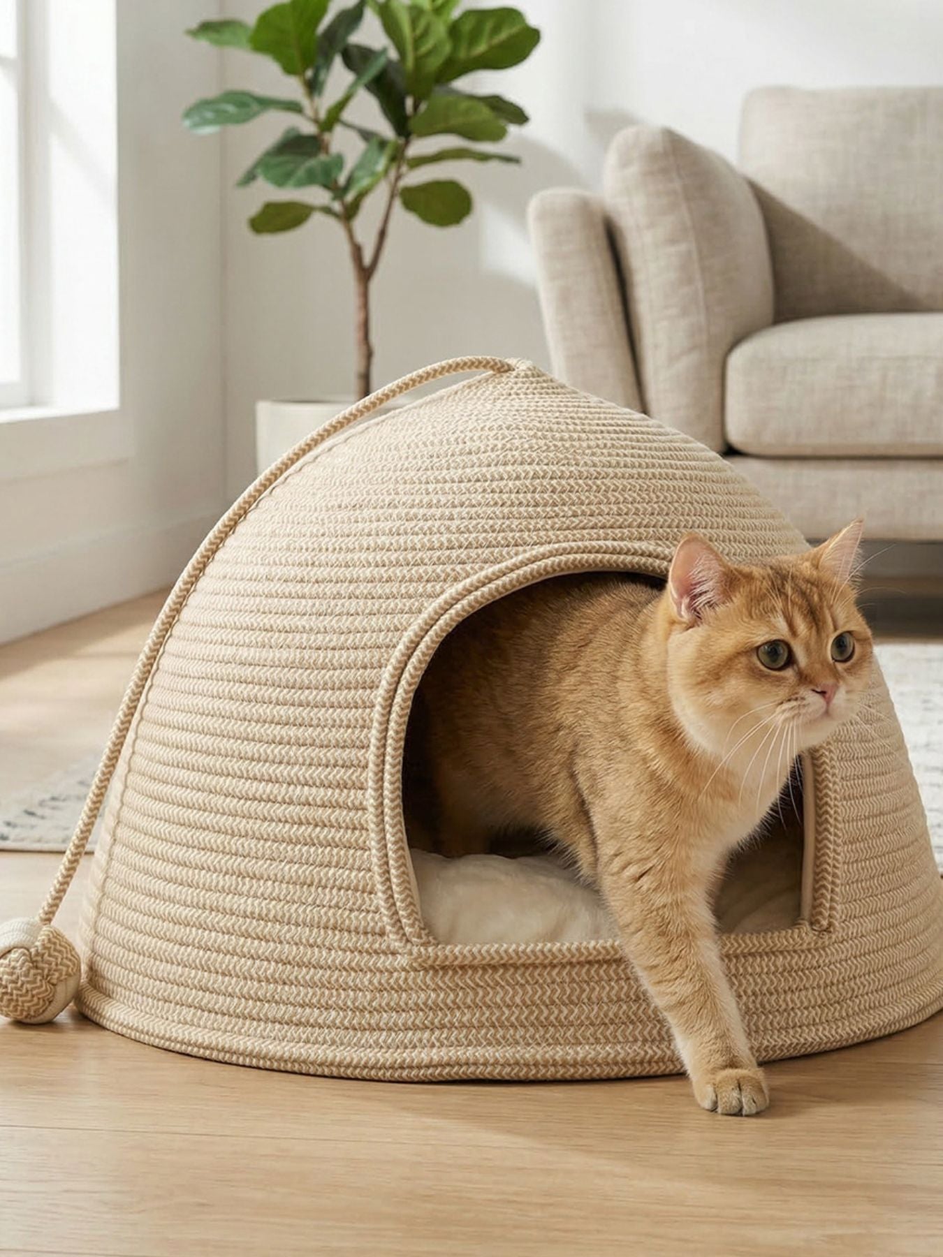 Cream rope dome pet nest with cat looking out of the front opening