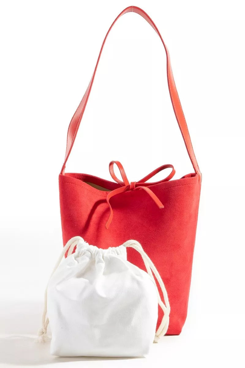 Faux suede bucket pouch tote, red with attached white drawstring pouch