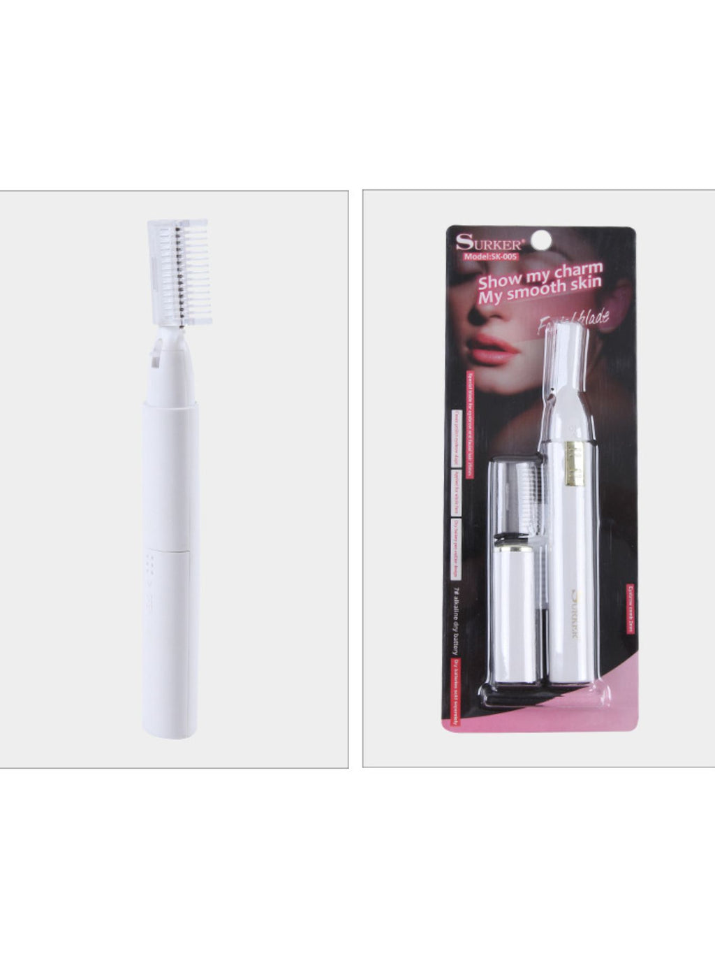 White eyebrow trimmer with comb, shown with retail package