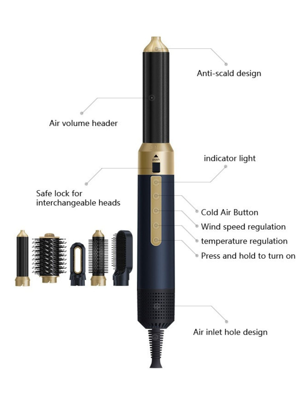 Navy hot air brush handle with cold air button and indicator light