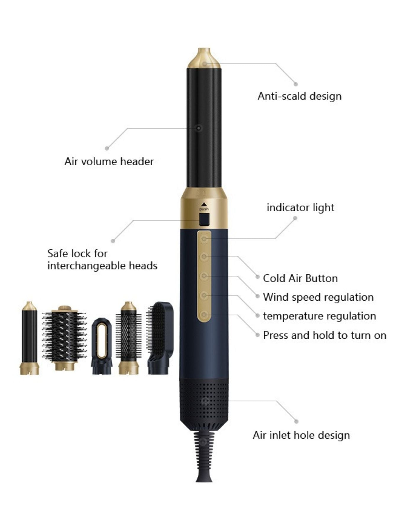 Navy hot air brush handle with cold air button and indicator light