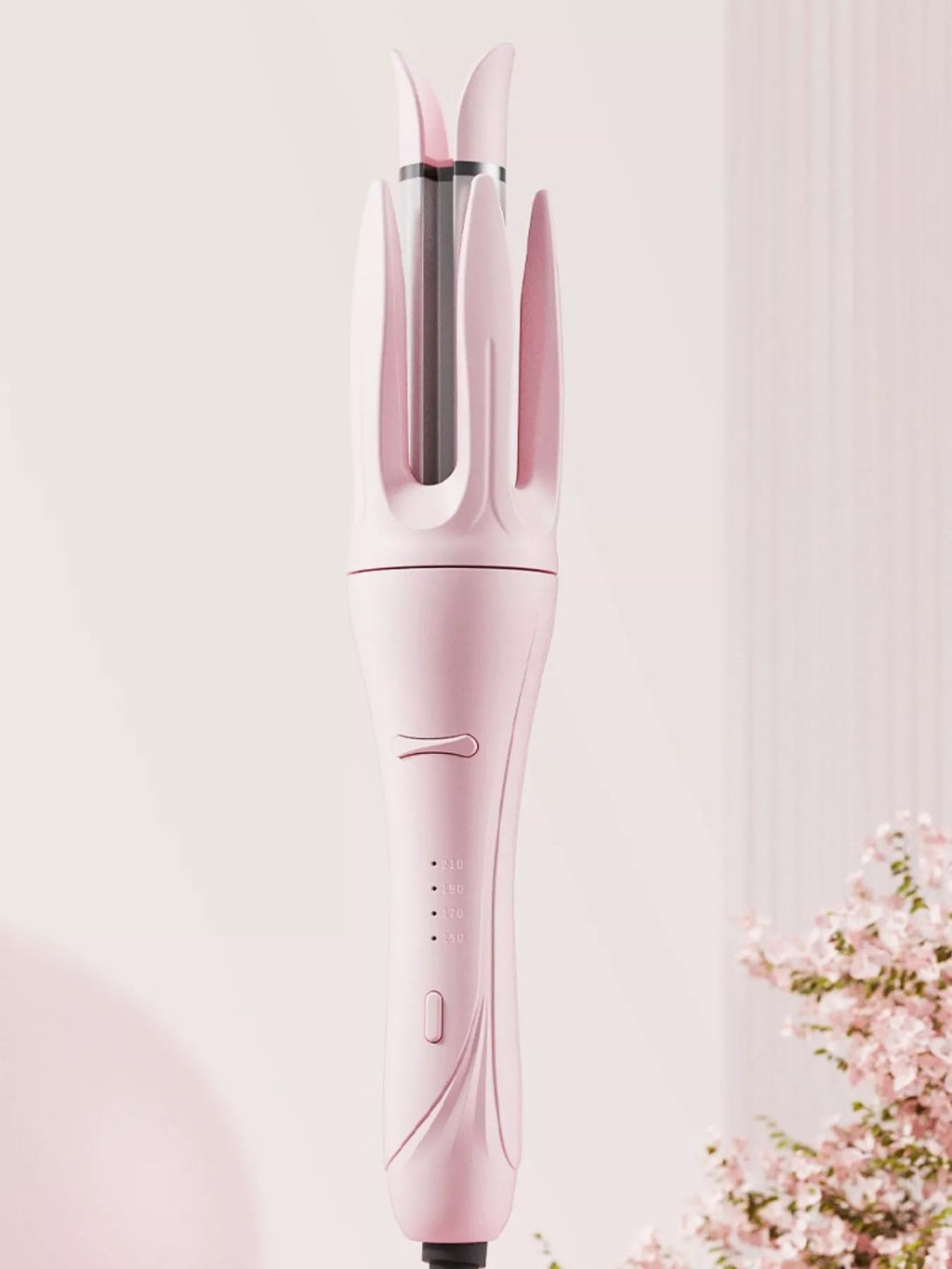 Blush Pink automatic rotating ceramic curling iron, front view with temperature marks