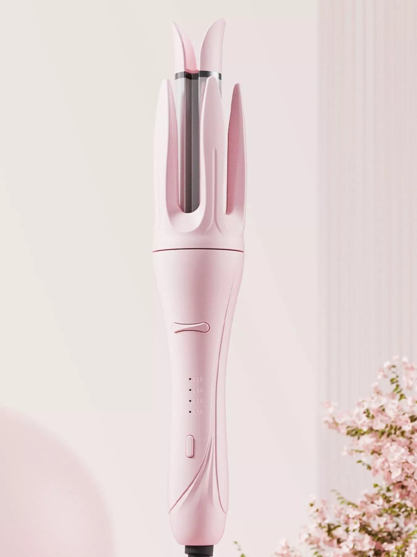 Blush Pink automatic rotating ceramic curling iron, front view with temperature marks