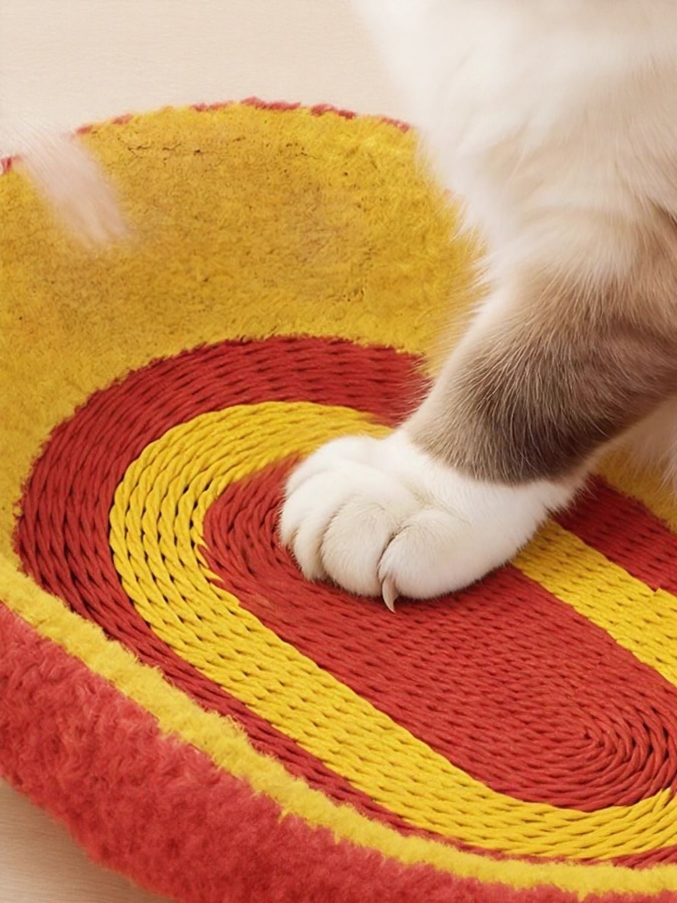 Close-up of oval scratching bed woven rings in red and yellow under cat paws