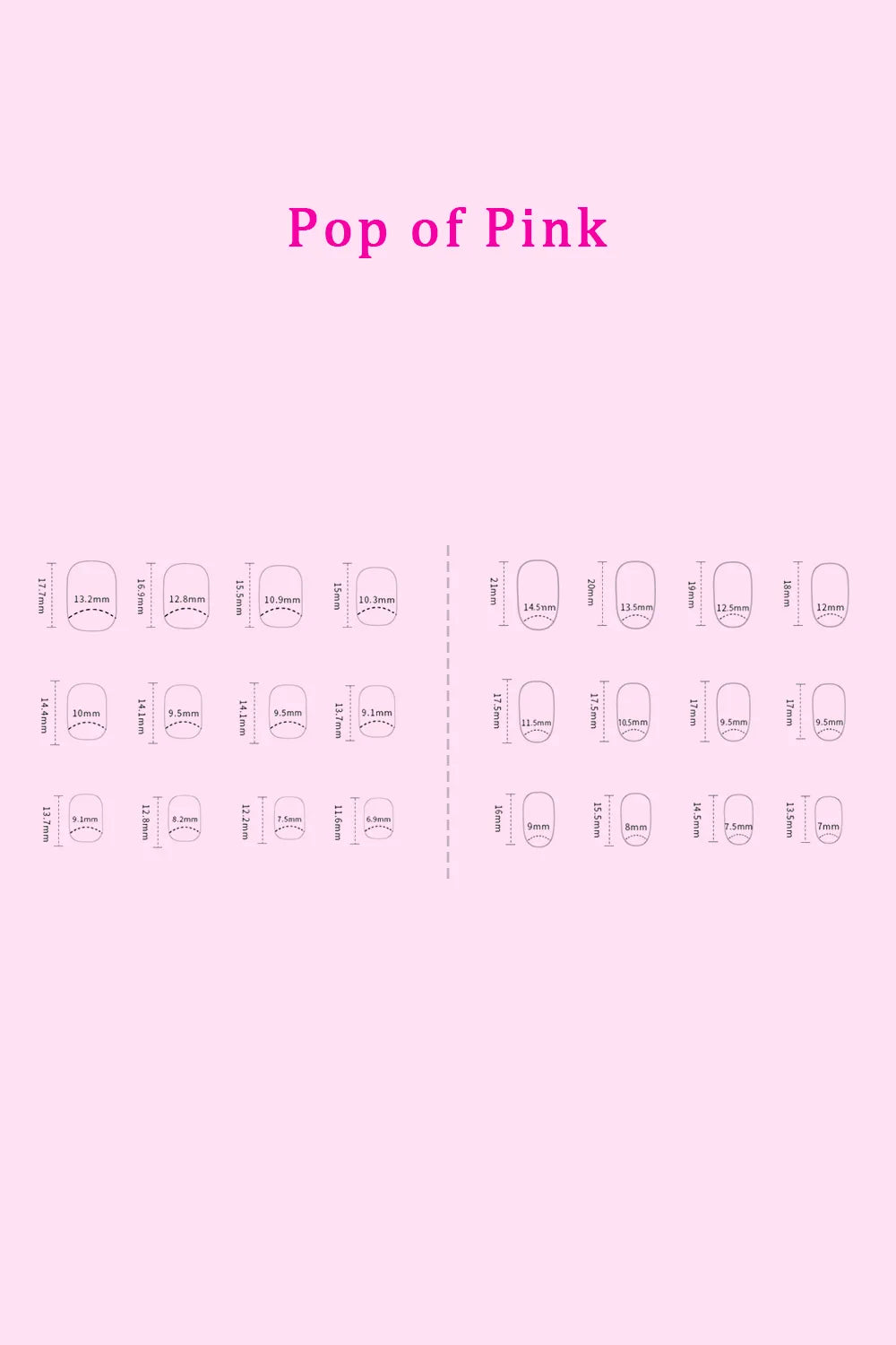 SO PINK BEAUTY Pop of Pink press-on nails size guide with nail shapes and measurements