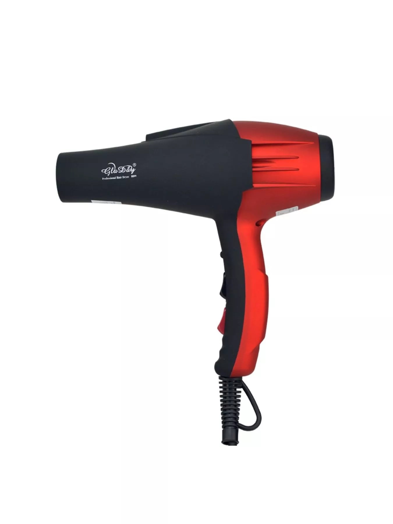 Red multi-speed hair dryer with black nozzle housing and red side control switch