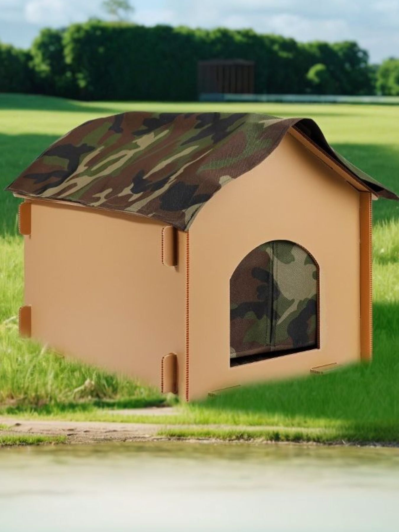 Waterproof pet house beige con techo camuflaje verde y ventana frontal semicircular