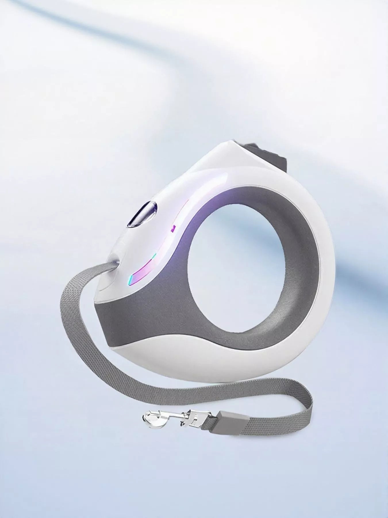 Dog leash with ergonomic handle, white case with gray strap and purple light strip