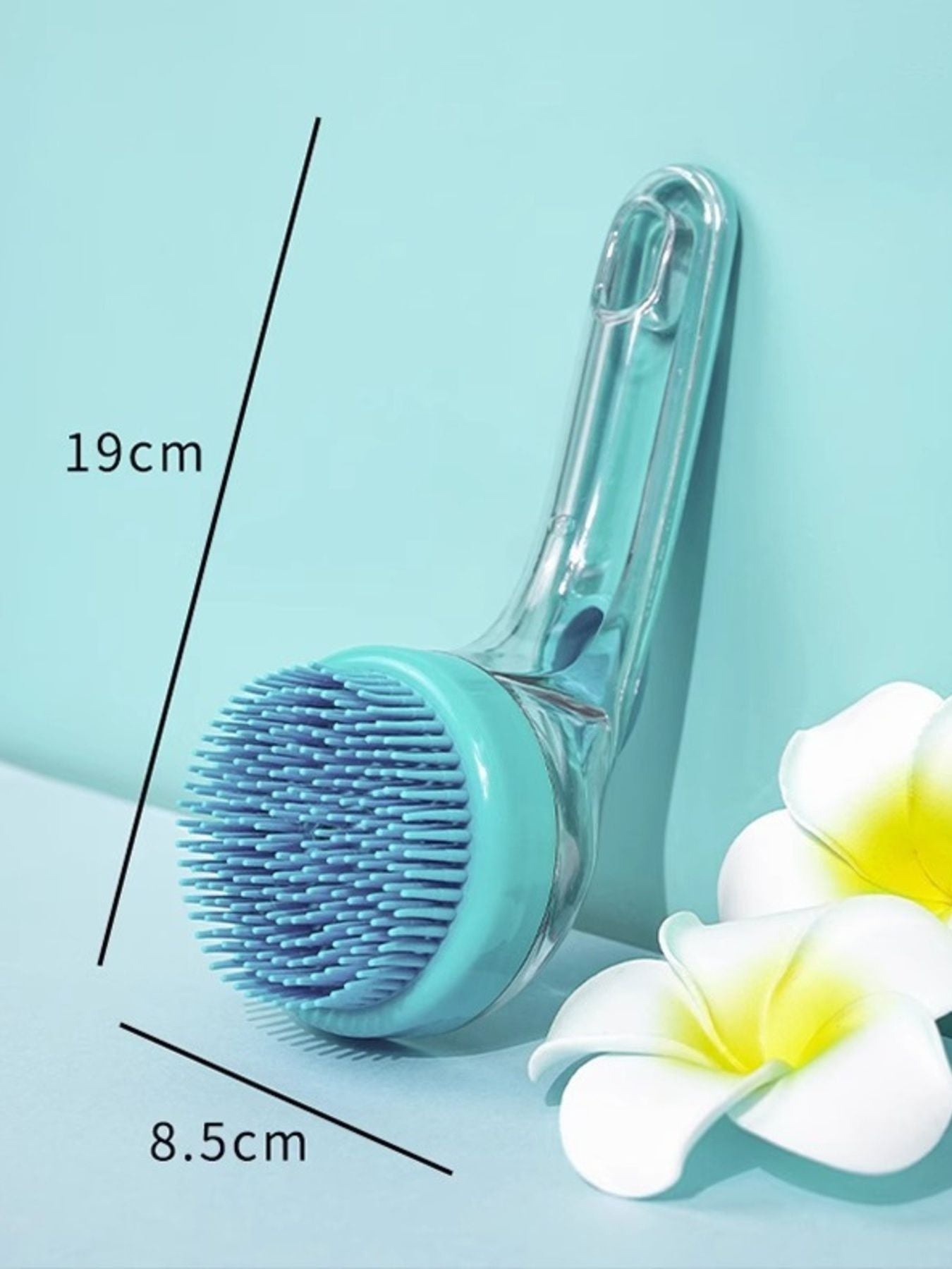 Soft Pet Shower Brush (Teal) with size labels 19 cm and 8.5 cm on handle