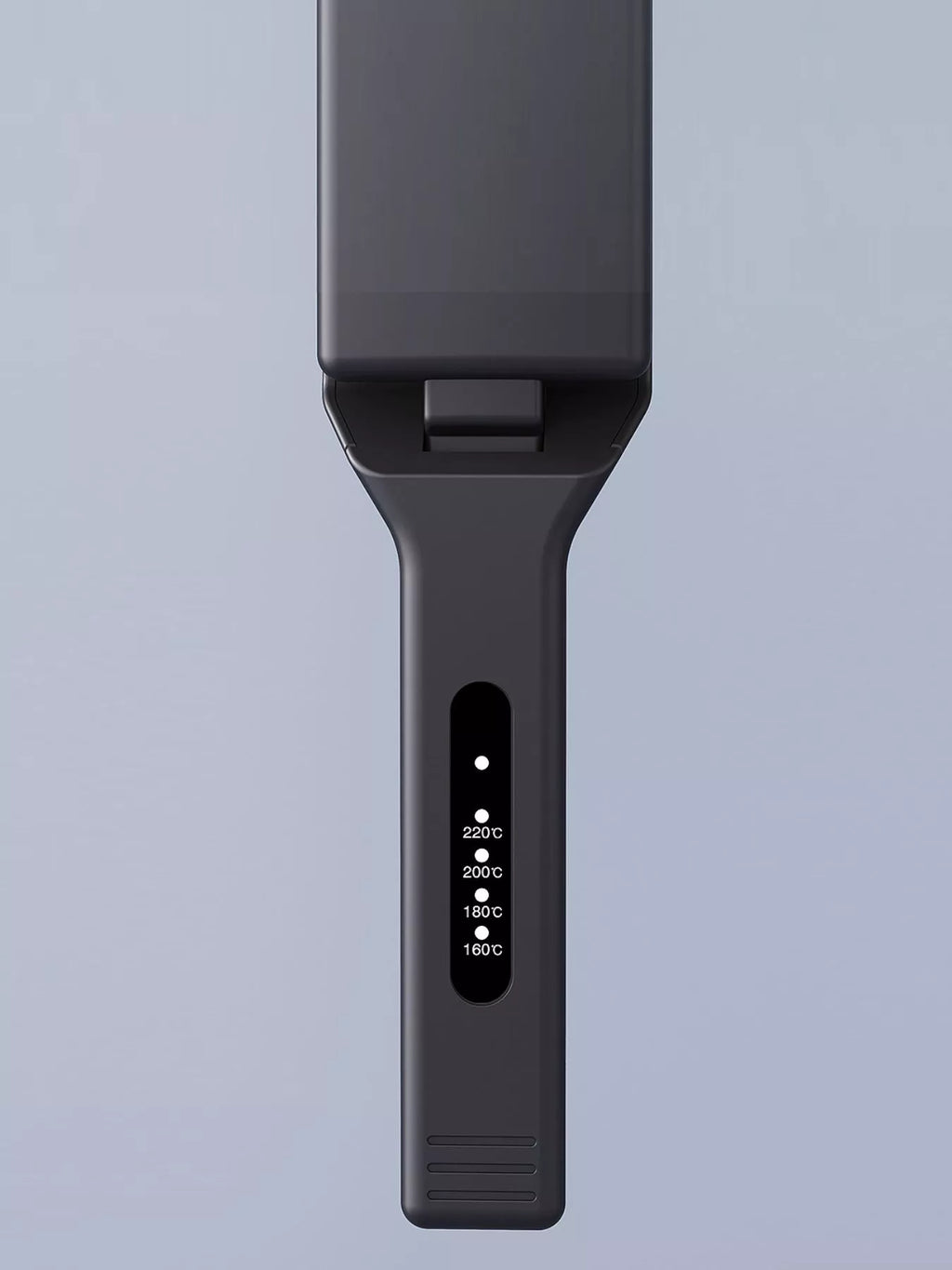 Black adjustable temperature hair straightener front view with display