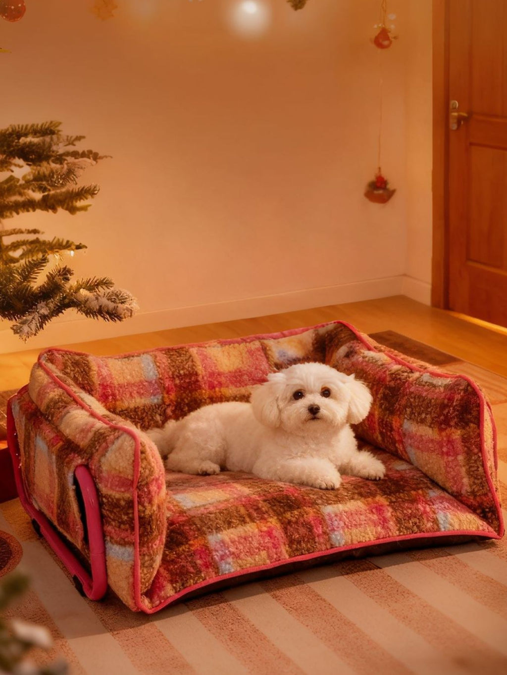 Plüsch-Pet-Sofa mit Karomuster, pinken Seitenpolstern; Hund liegt mittig