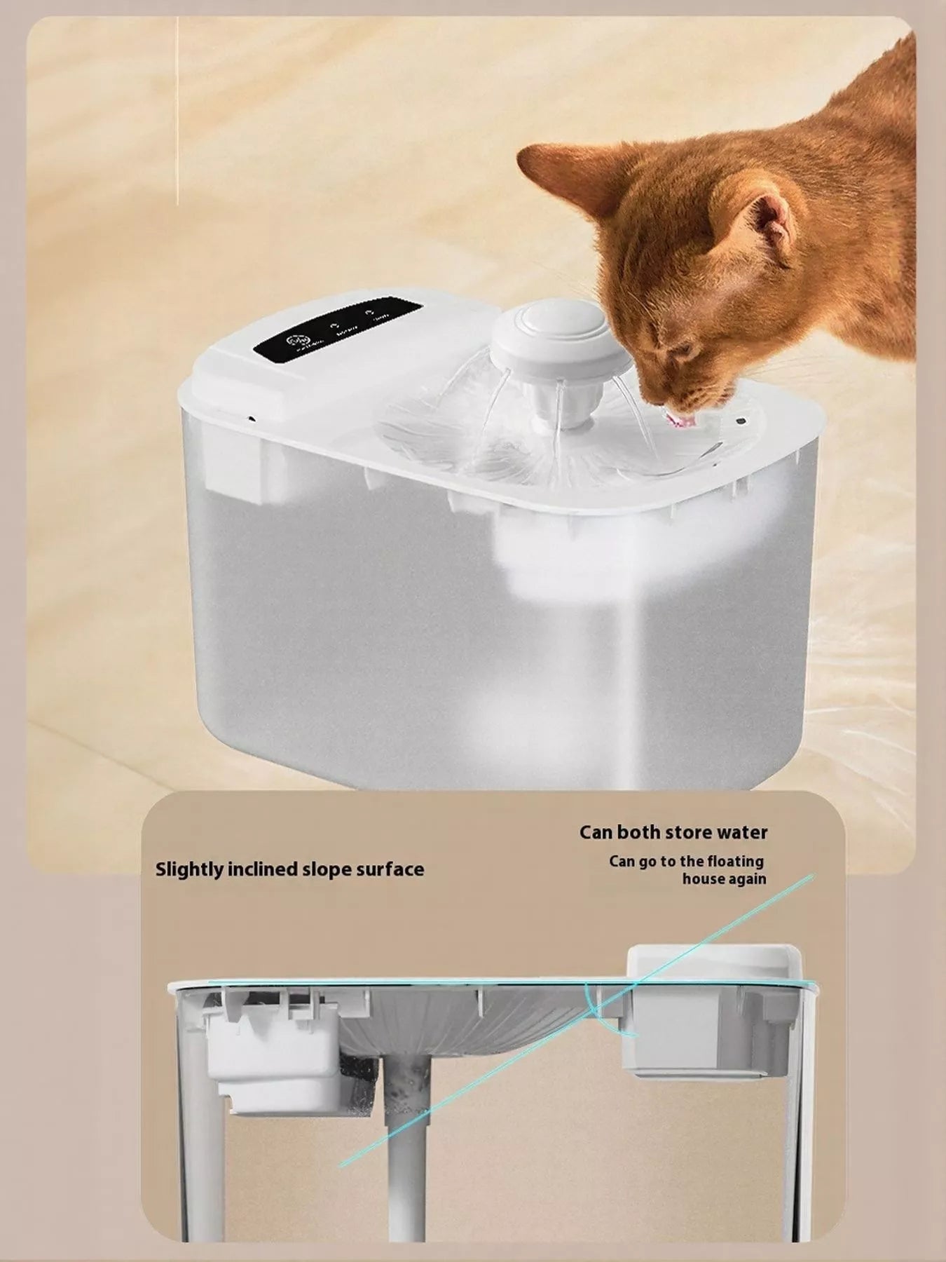 Automatic Pet Water Fountain – weißer Brunnen mit Wasseroberteil, Haustier trinkt