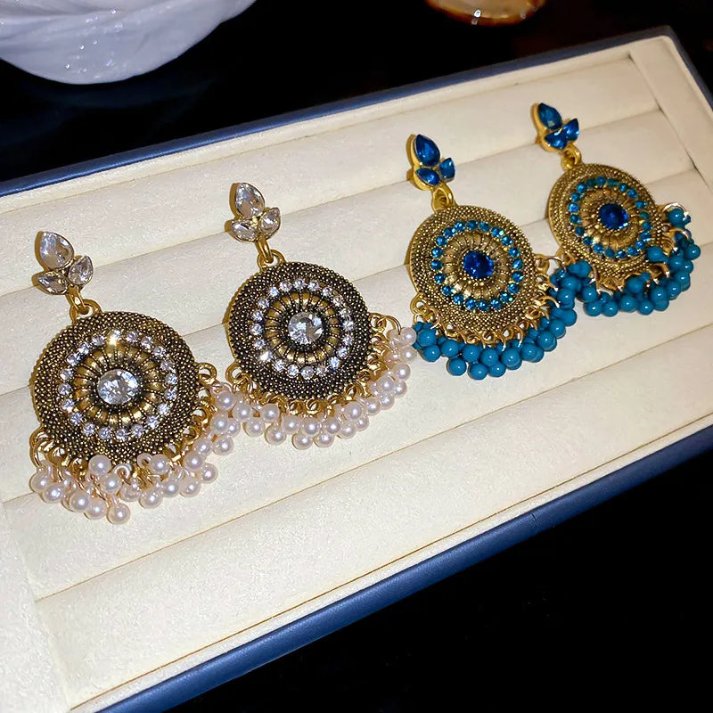 Rhinestone dangle earring set: white pearl version and cerulean blue bead version