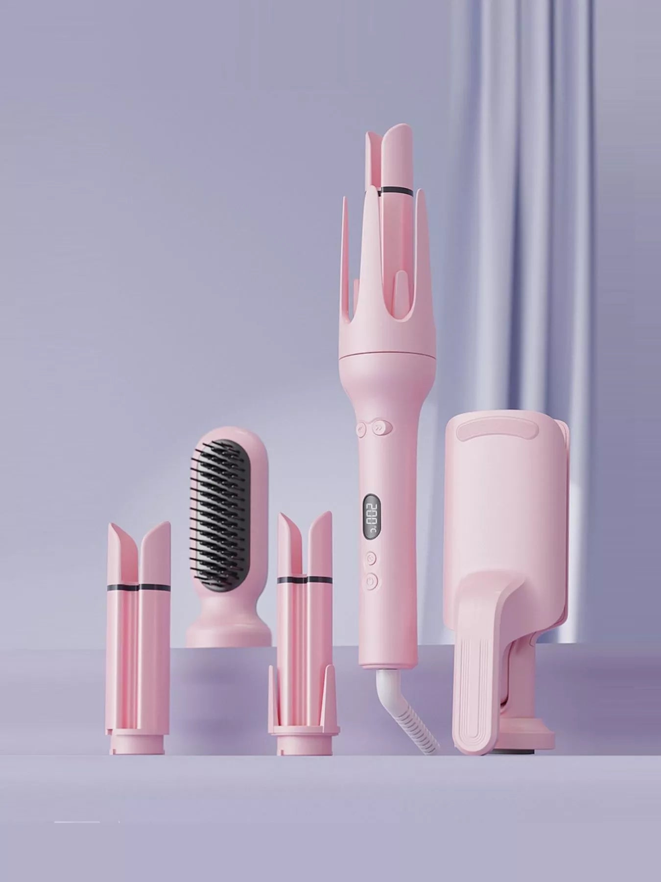 Dusty Pink automatic rotating ceramic hair curler with stand and brush attachment set
