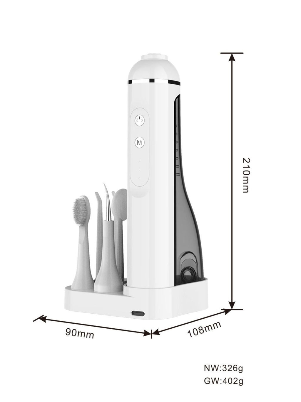 White portable water flosser size: 121 mm height, 108×90 mm base