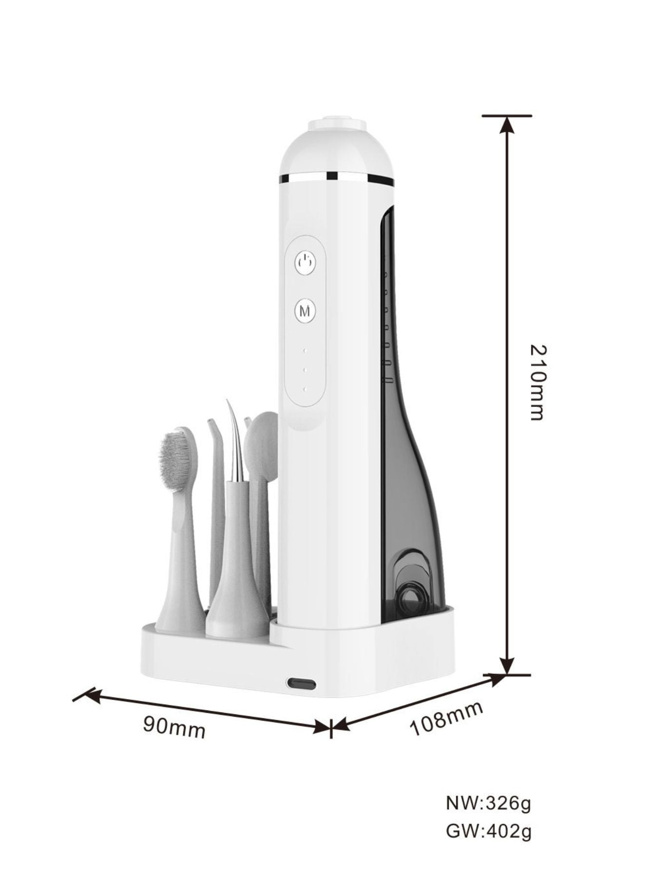 White portable water flosser size: 121 mm height, 108×90 mm base
