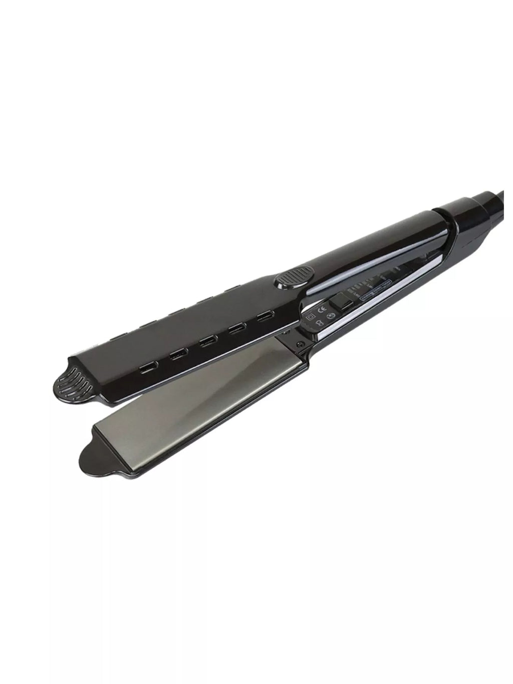 Black hair straightener angled view, vented top plate and centered LED controls