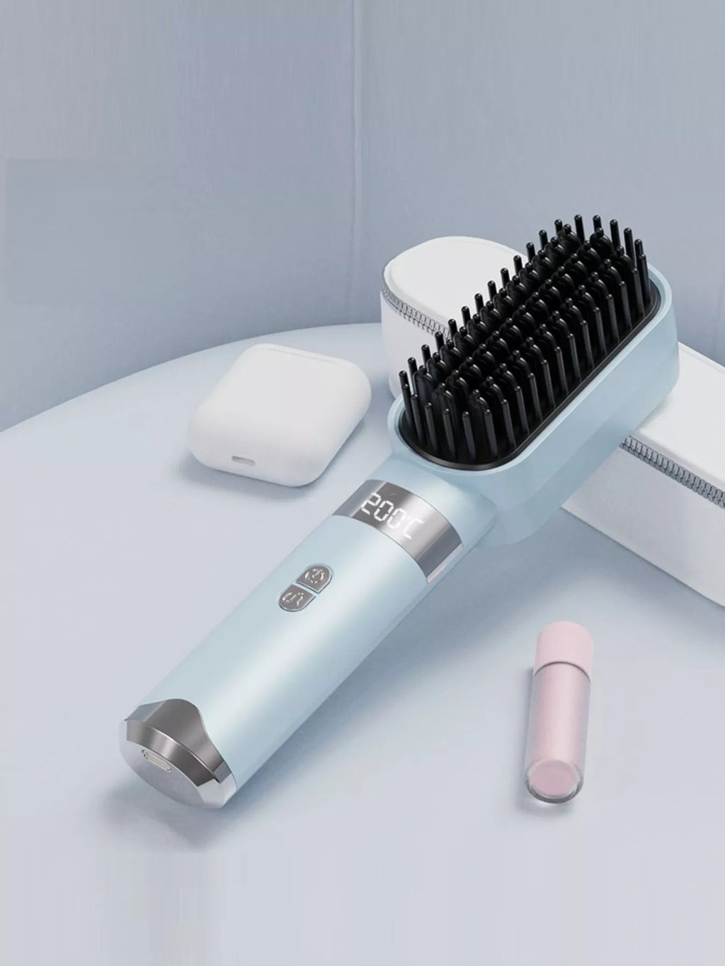 Light Blue fast-heating comb with LCD display and black bristles, hair straightener