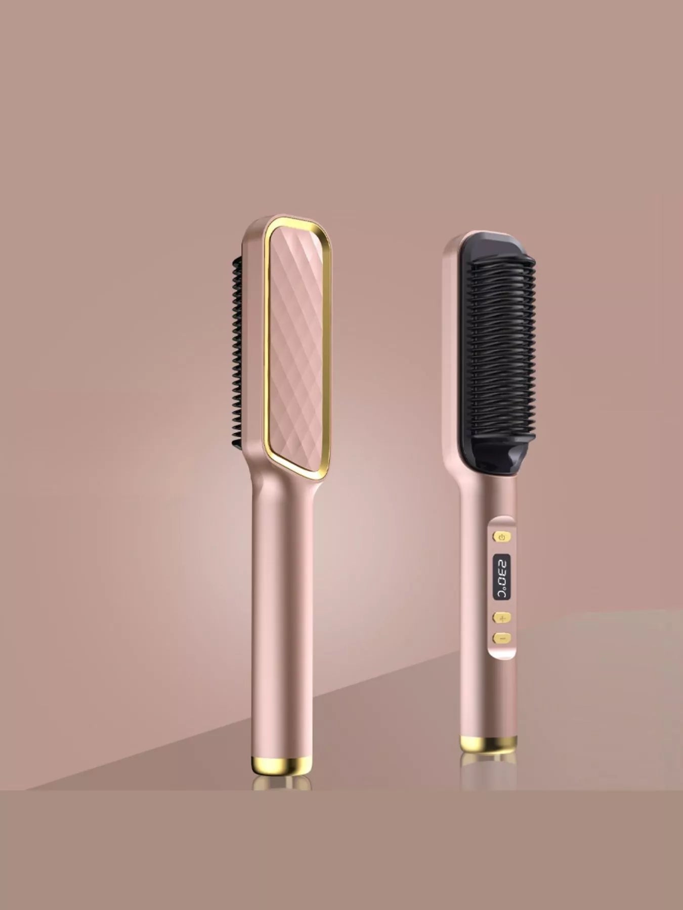 Rose gold and gray ceramic straightening combs with black brush heads and buttons