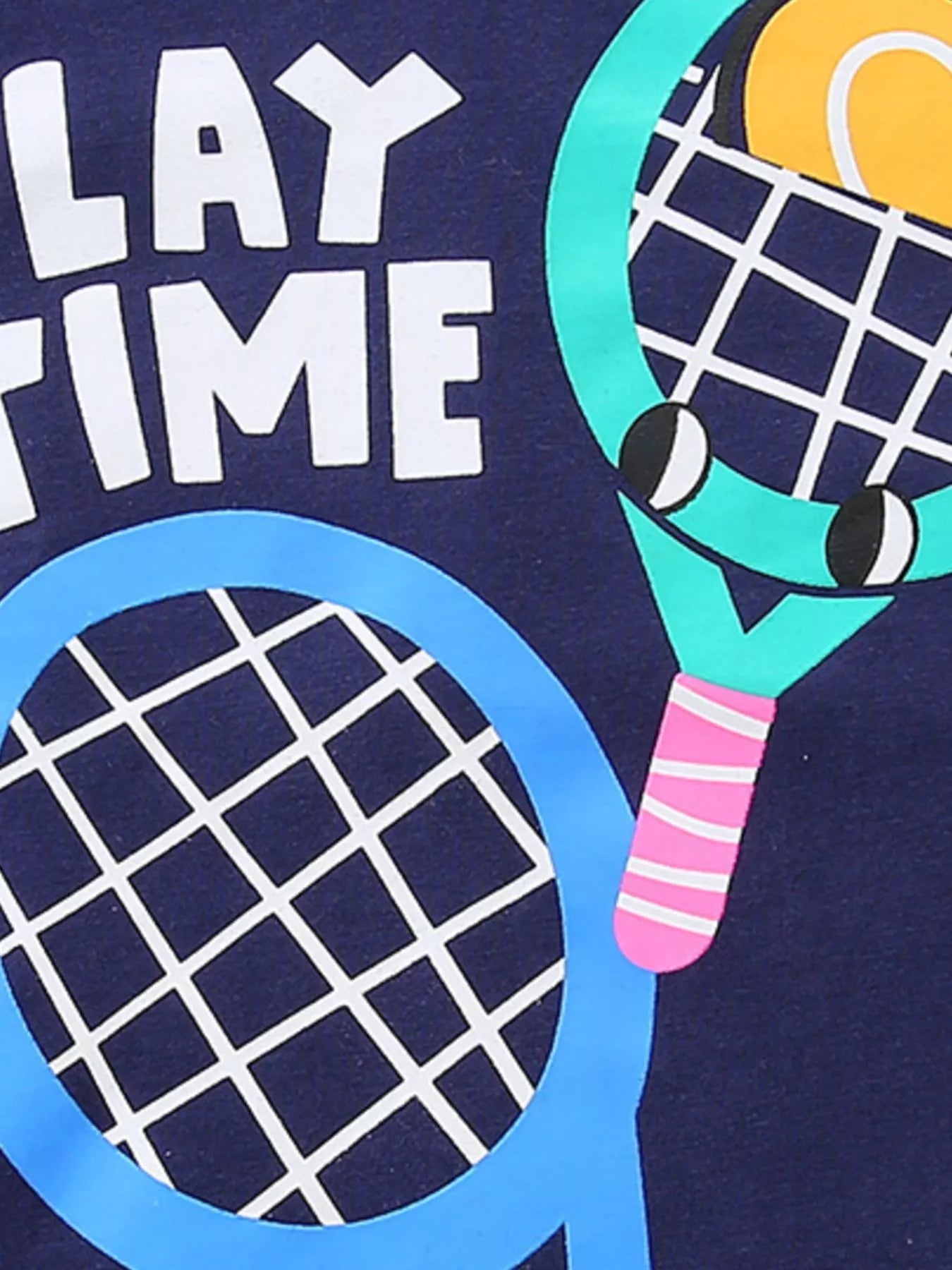 Dark navy crew-neck T-shirt detail: 'PLAY TIME' letters and tennis ball net circle