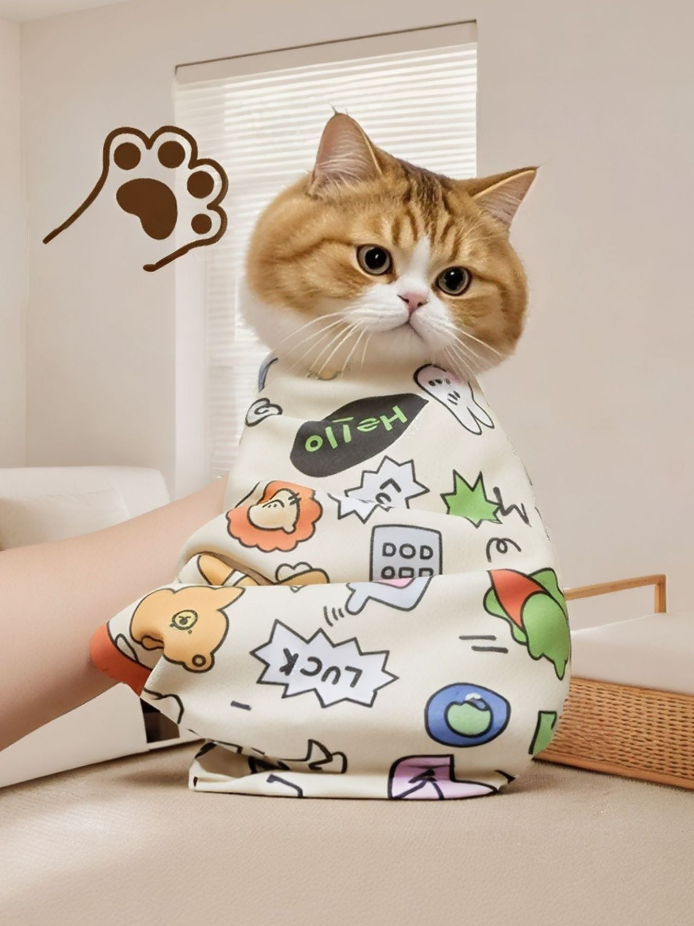 Cartoon hooded pet bath towel with playful prints, laid out for a cat to wear