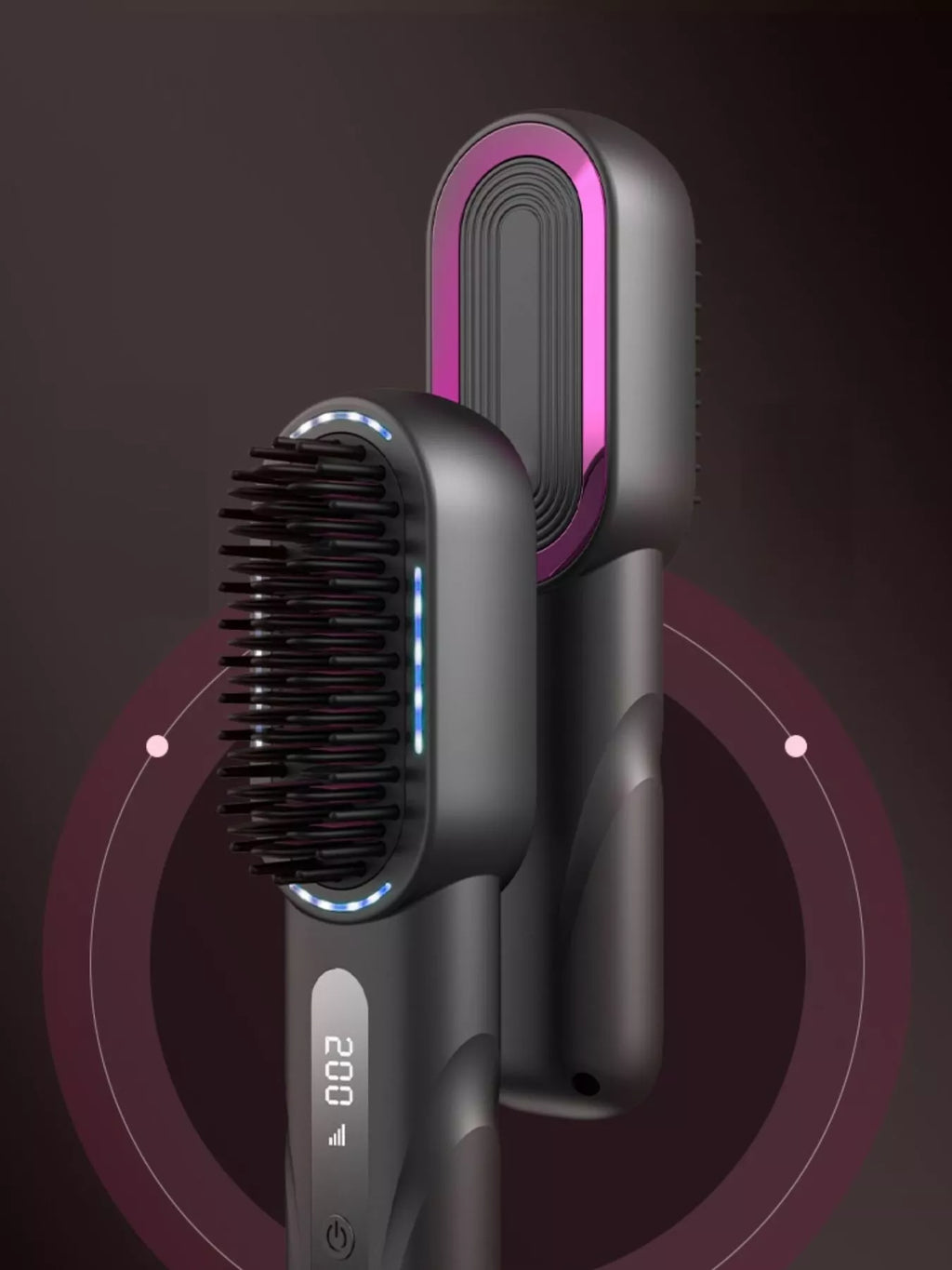 Dark gray hair straightening comb with pink-lit heating panel and blue edge lights