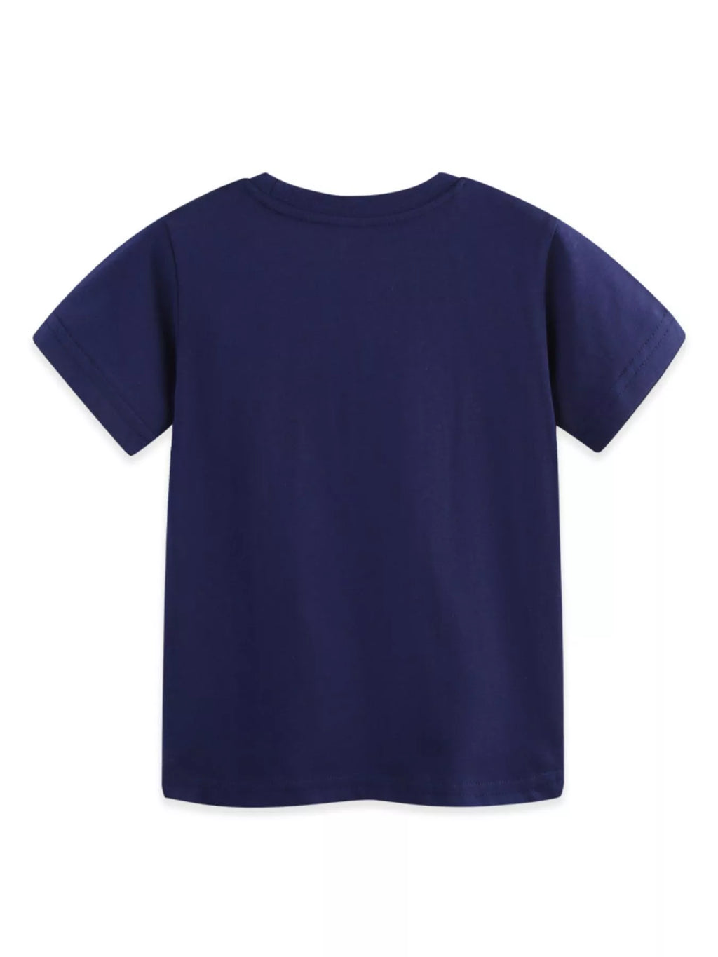 Dark navy crew-neck T-shirt back view, plain solid jersey