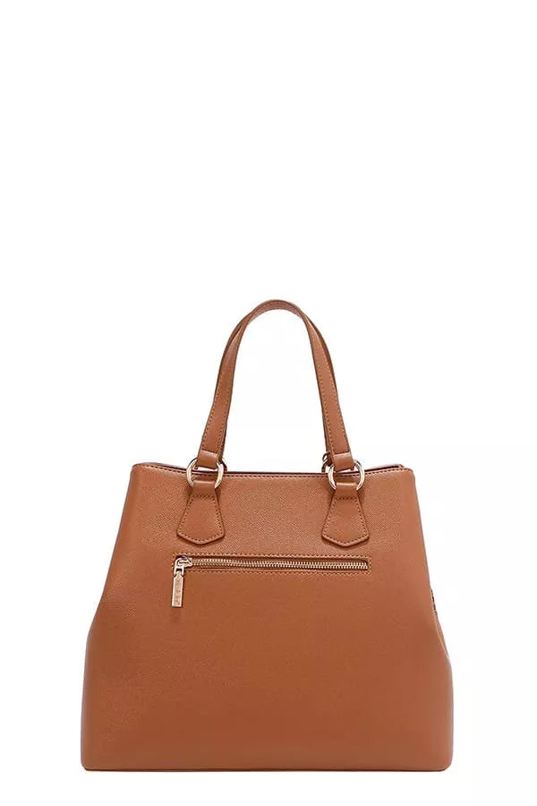 Tan brown monogram handbag with front zipper pocket and double top handles