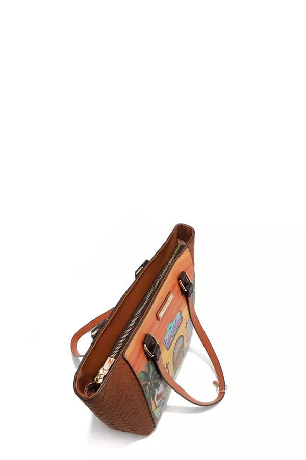 Sun and Sand crossbody bag with top zipper and illustrated front pocket