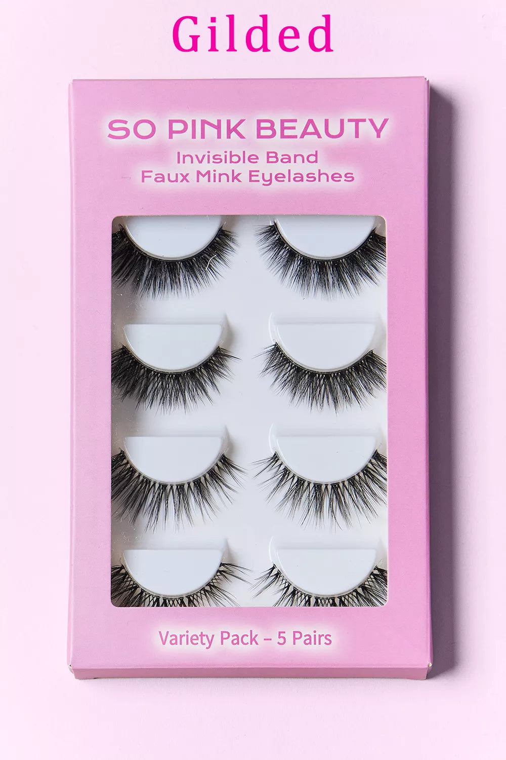 Gilded faux mink lashes variety pack, 5 pairs—four styles visible in box