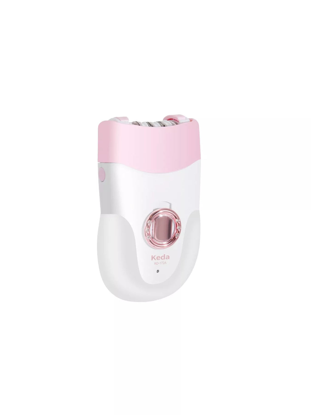Electric clip hair remover side view with rose-gold ring and pink top