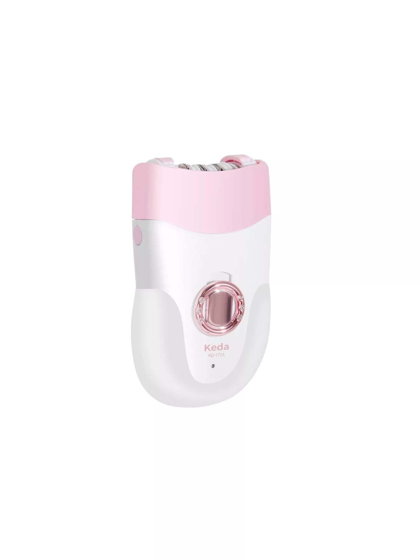 Electric clip hair remover side view with rose-gold ring and pink top