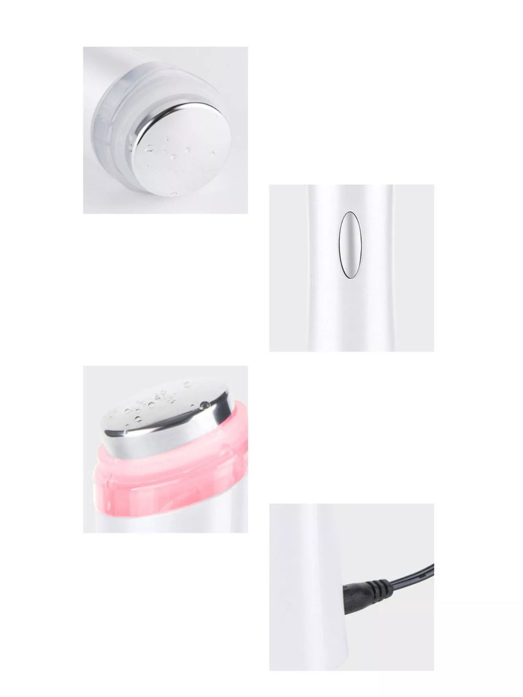 Device details: oval power button, chrome rim, and applicator head attachment