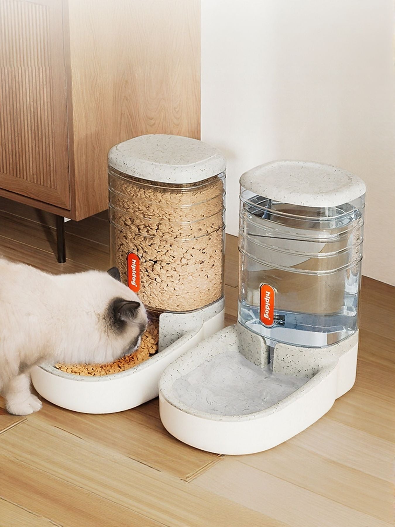 Automatic pet food & water dispenser with light gray lids and two clear tanks