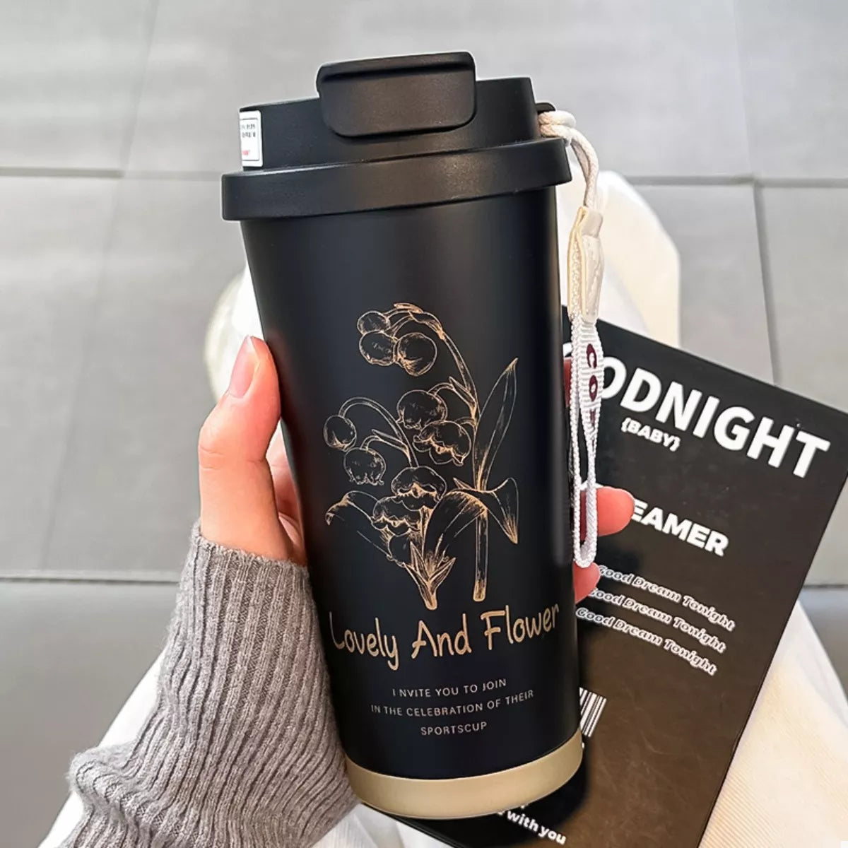 Lovely and Flower tumbler with straw, black color with floral line art