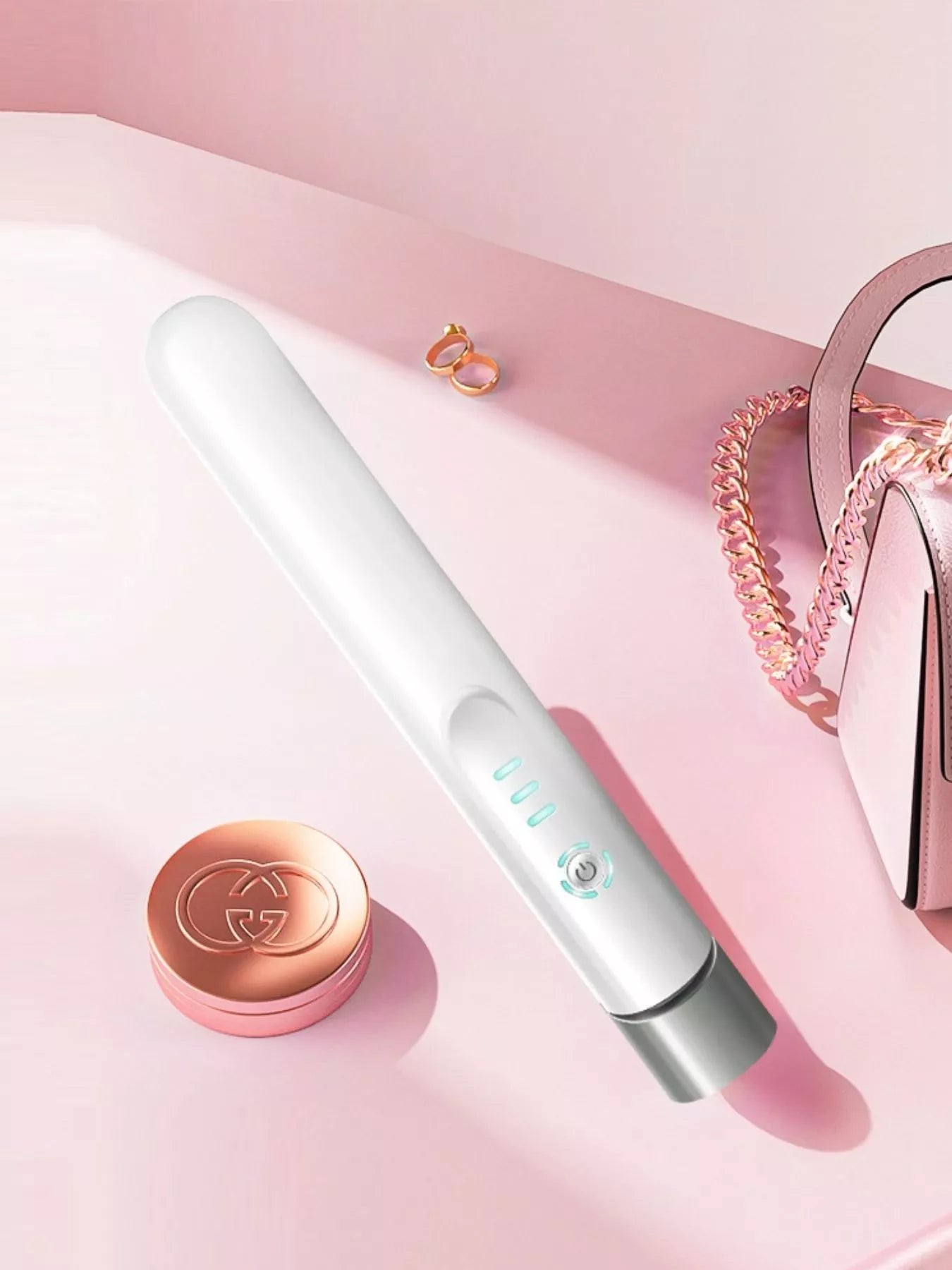 Portable cordless hair straightener, white body with open heated plates