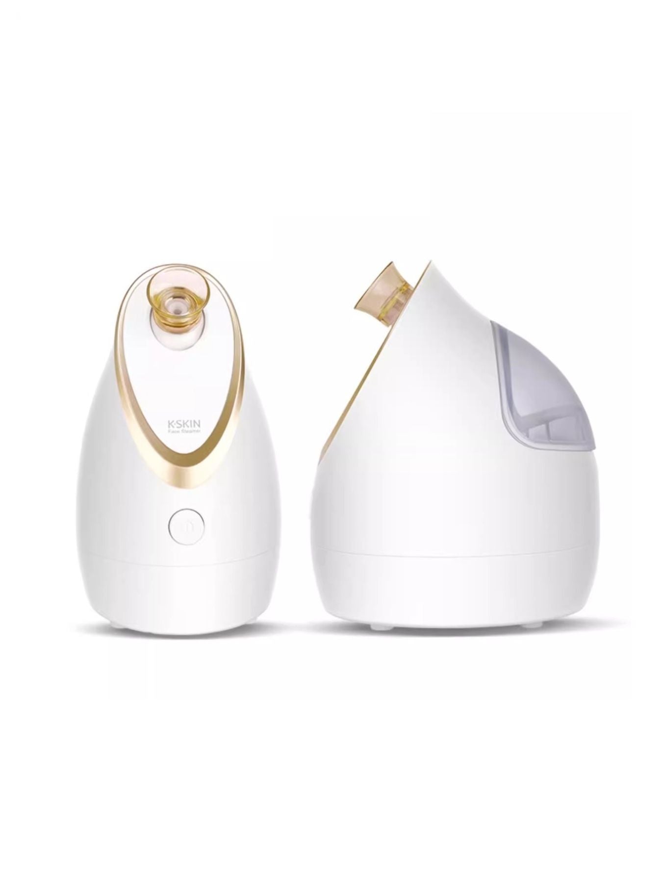 Two-piece white facial steamer set with gold nozzle and top cover piece