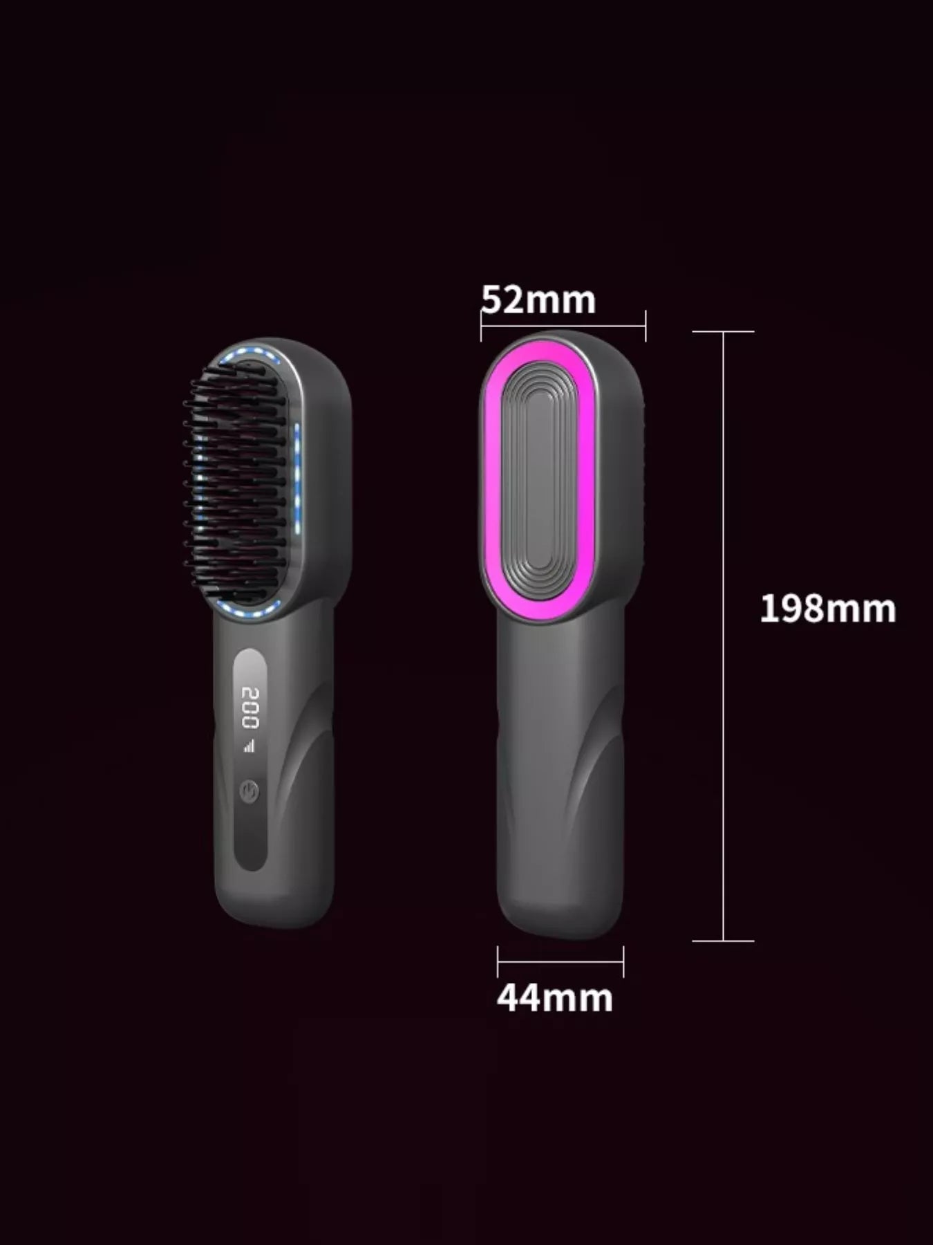 Straightening comb size 52mm x 198mm; dark gray body with pink heating plate