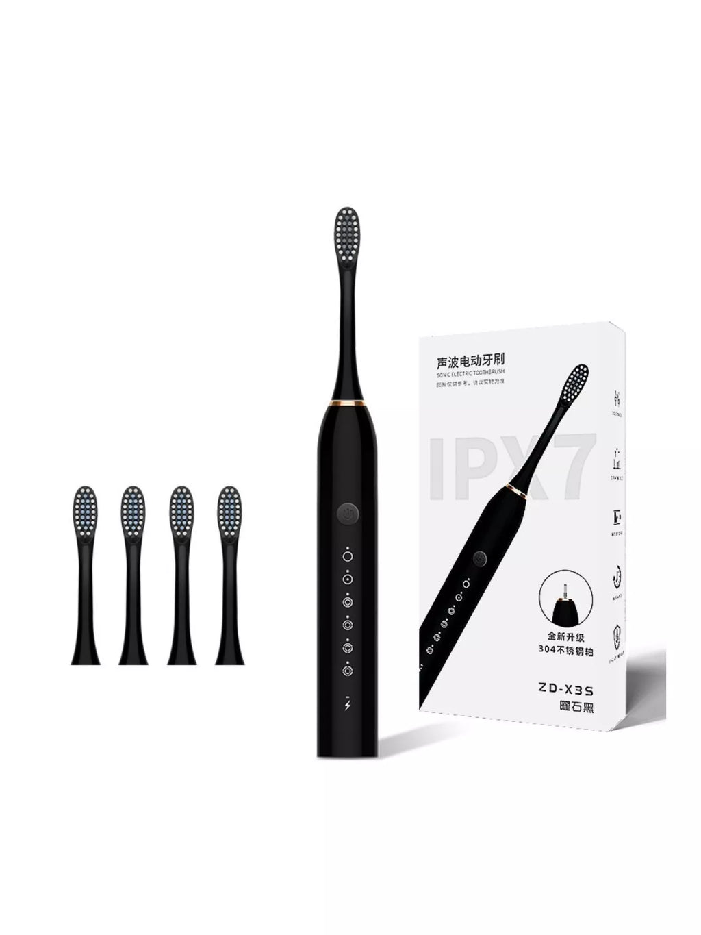 Black electric toothbrush with extra brush heads and multi-mode control icons